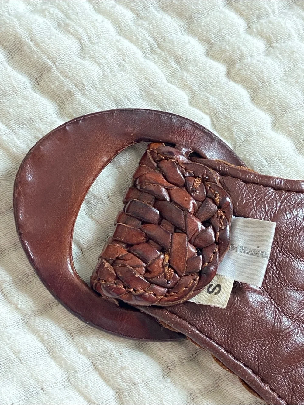 Vintage Woven Leather Circle-Buckle Belt in Dark Brown